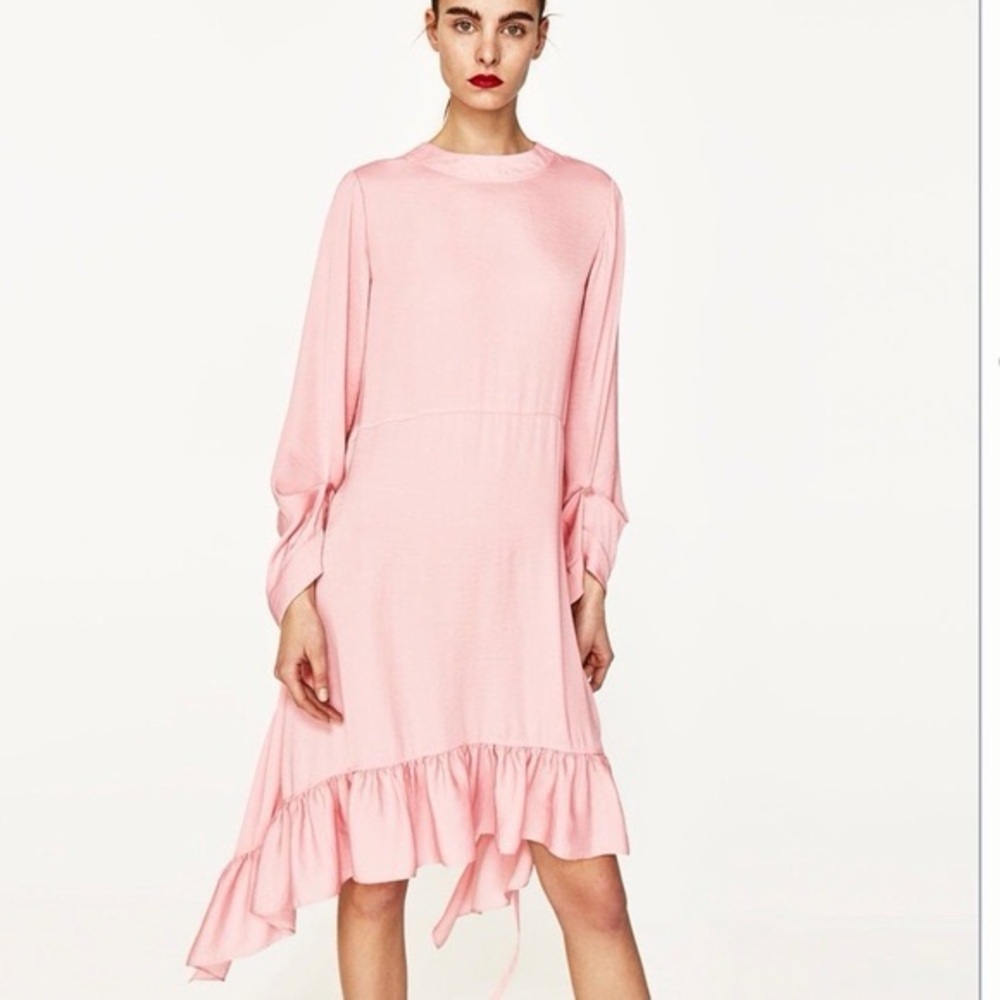 Zara Light Pink Long Sleeve Ruffle Hem Dress